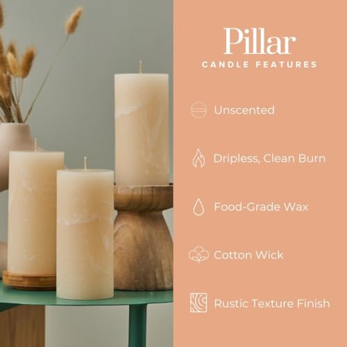 Simply Soson 3x6 inch Ivory Pillar Candles Set of 3, Rustic Texture, Unscented Ivory Candles, Dripless Candles, 3 inch Pil...