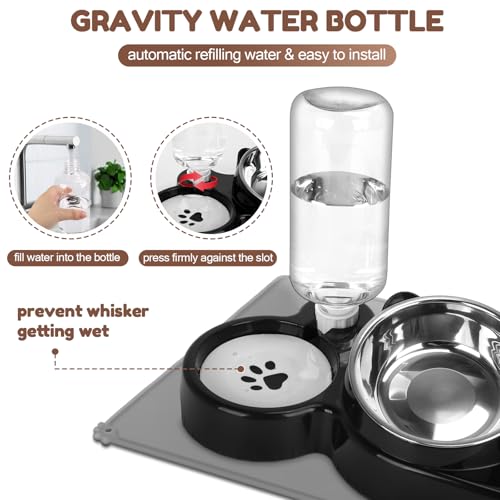 YECERCAN Cat Food and Water Bowl Set, Stainless Steel Raised Cat Bowls with Automatic Water Bottle & Waterproof Mat for Ca...