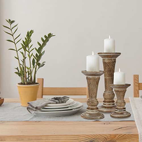 Hand Crafted Decorative Wooden Pillar Candle Holder Stand Siren Shape, Rounded Turned Colums, Country Style Ideal for Gif...