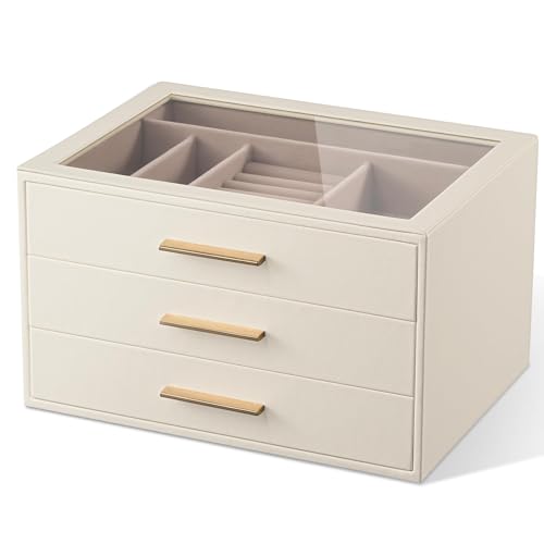 pickpiff Jewelry Box Organizer Case for Women: 3-Layer Jewelry Storage Case with Glass Window, Ivory Leather with Pink Vel...