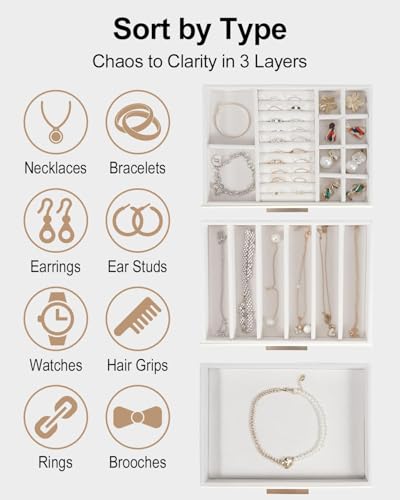 GUOER Jewelry Box for Women, Glass Lid Jewelry Organizer with 3 Drawers PU Jewelry Storage Case for Necklaces Rings Earrin...