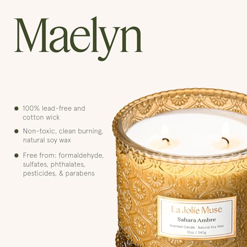 LA JOLIE MUSE Sahara Amber Candle – Bergamot, Clove & Amber | 12 oz Large 2-Wick Soy Wax Candle | 60 Hours Clean Burn | Gi...