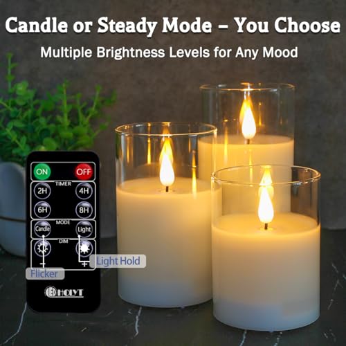LEDHOLYT Rechargeable Flameless Glass Pillar Candles–Gifts for Women,–Set of 3, Realistic Flickering LED Light,Remote & Ti...