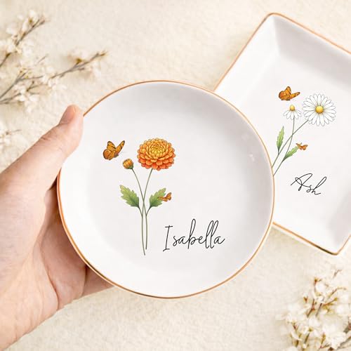 Personalized Birth Month Flower Trinket Tray for Women, Custom Jewelry Dish Birthday gifts for Women, Customized Birth Mon...