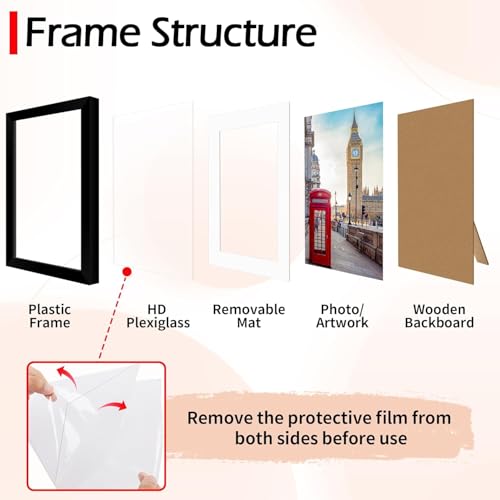 HOMERHYME 8x10 Picture Frame Set of 8, Black Photo Frames for Tabletop or Wall Display, Fits Pictures 5x7 with Mat or 8x10...