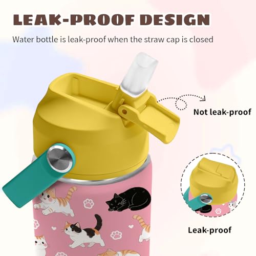 Cat Water Bottle for Girls, 12 Oz Stainless Steel Tumblers for Women with Straw Lid and Handle, Mugs for School or Travel,...
