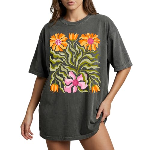 Retro 70s Floral Design - Womens Comfort Colors - Pepper Grey Groovy Botanical Wildflower Graphic Tee