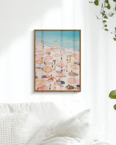 HUARCEY Colorful Seaside Vacation Vibes 12x16 Framed Canvas Wall Art, Retro People and Pink Umbrellas Summer Coastal Prin...