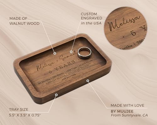 MUUJEE 5 Year Custom Engraved Rec Tray - Personalized Names on Wood Tray Small Jewelry Ring Dish 5 Year Wedding Anniv Gift...