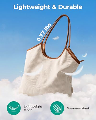 BAGSMRT Corduroy Tote Bag for Women with PU Leather Handles, Casual Shoulder Bag with Zipper Handbag for Travel Work