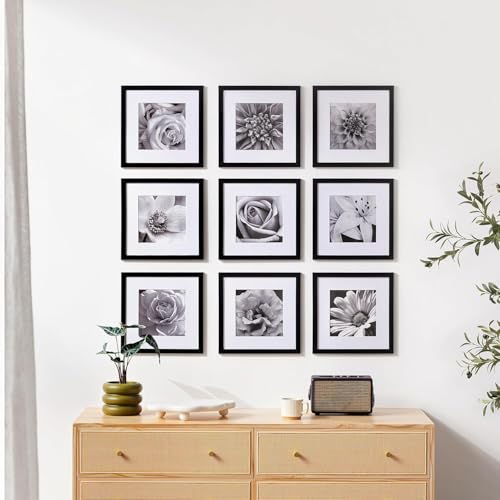 eletecpro 12x12 Picture Frames Set of 9 with Clear Acrylic Cover, Display 8x8 Photos with Mat or 12x12 Without, Classic an...