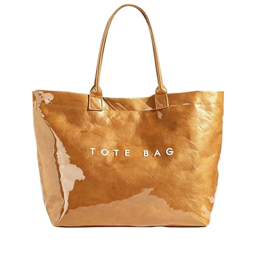 ALUWU Women's PVC Tote Bag Kraft Paper Work Handbag Wipeable Plastic Purse with Top Handle for Beach Travel
