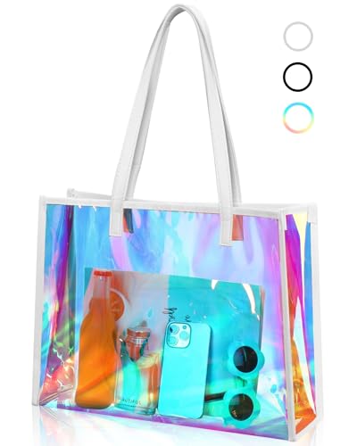 Aliceset Holographic Clear Tote Bag with Leather Handle Iridescent Bachelorette Beach Bag for Work Stadium Travel | with L...