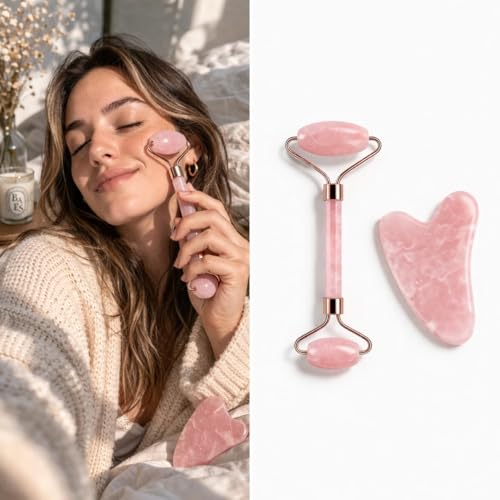Face Roller & Gua Sha Set for Facial Massage, Reduce Puffiness & Wrinkles, Cooling Skin Care Tool for Face Neck Eyes, Rela...
