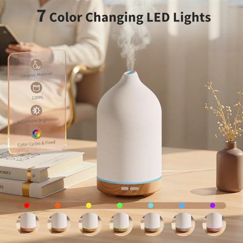 URPOWER 120ML Ceramic Essential Oil Diffuser, Ultrasonic Aromatherapy Diffuser with 7-Color Lights, Auto Shut-Off, Quiet O...