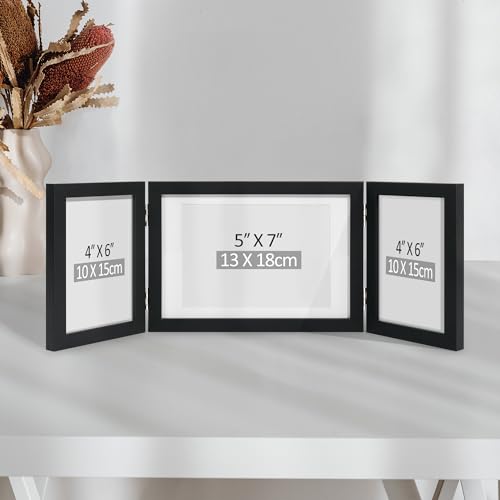 Afuly 5x7 Picture Frame Black 4x6 3 Picture Frames Collage Hinged Folding Triple Photo Frames Home Decor for Wall Desktop ...