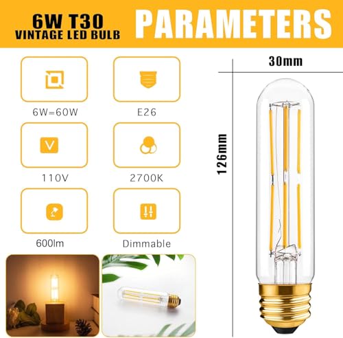 Dimmable T10 LED Light Bulbs 6 Watt Equivalent 60W E26 Edison Tubular Long Bulbs Warm White 2700K, Desk Lamp, Bedbroom Caf...