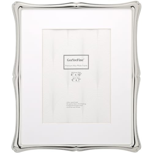 GorYeeFine Silver 8x10'' Premium Alloy Picture Frame with Acid Free Mat for 5x7'',Luxury Hi-End Photo Frames 5x7'' with Bl...