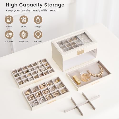 Lolalet Earring Storage Box Case with Glass Top, Large Earring Jewelry Holder Organizer Display with Drawer and Grid, Gift...