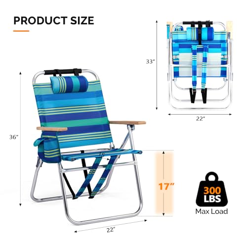 VINGLI Aluminum 17" Backpack Beach Chair – Tall Beach Chairs for Adults, Portable with Adjustable Straps, 3-Position Recli...
