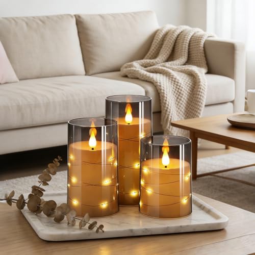 NURADA Flickering Flameless Candles: Built-in Star String Lights 3D Wick Acrylic Battery Operated LED Pillar Candles with ...