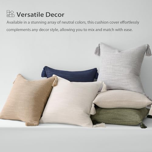 Meekio Set of 2 Linen Beige Pillow Covers 18x18 with Tassels, Linen Look Decorative Throw Cushion Covers for Sofa Couch, F...