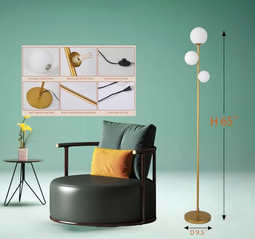 Fiqevs 3 Globe Floor Lamp Mid Century Modern, Gold Standing Lamp with Frosted Glass Shade & LED Bulbs, Tall Pole Light wit...