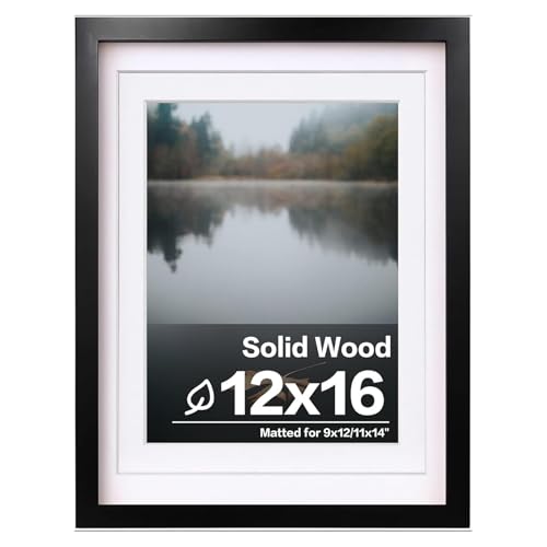 Egofine 12x16 Picture Frame Black, Covered by Plexiglass Made of Solid Wood, Display Pictures 9x12 and 11x14 with Mat or 1...