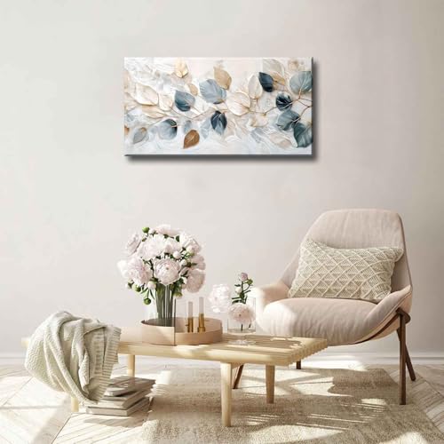 Large Living Eucalyptus Leaf Canvas Wall Art Teal White Botanical Abstract Decor painting Pictures Modern Nordic Plant Flo...