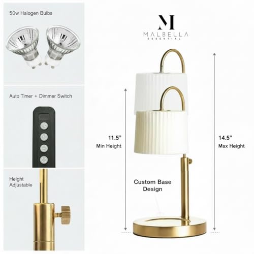 Dimmable Glass Candle Warmer Lamp with Timer - Adjustable Height Candle Lamp Warmer with Timer (8H/4H/2H) - Wax Melter - I...