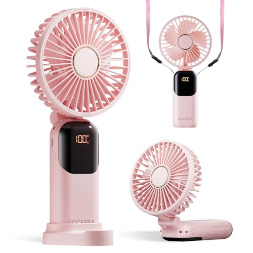 GOCKERA Portable Fan, 4200mAh Battery Operated Fan, 5 Speeds&Digital Display, Makeup Fans for Women with Base, 180°Foldabl...