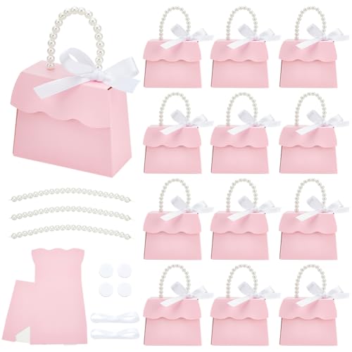 BENECREAT 16 Sets Pink Wedding Favors Box DIY Set, Kraft Paper Box with Pearl Handle, Ribbons, Stickers, Gift Boxes for Bi...