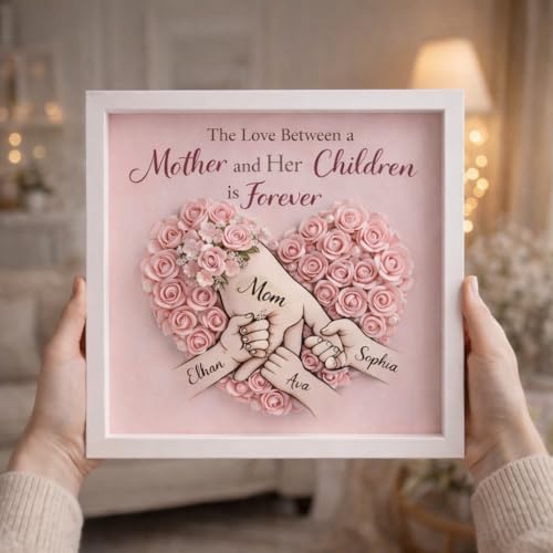 Personalized Mother’s Day Shadow Box Frame, Custom Mom Pink Rose Heart Art with Children Names, Unique Birthday Gift for G...