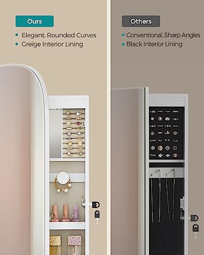 SONGMICS Jewelry Organizer, LED Jewelry Cabinet Wall/Door Mounted, Lockable Rounded Wide Mirror with Storage, Interior Mir...