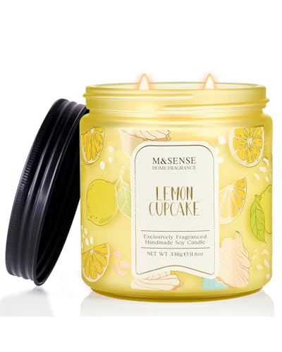 M&SENSE Lemon Vanilla Cupcake Scented Candle, 11.6oz Natural Soy Wax, 70 Hours Long Lasting Clean Burn, Citrus Vanilla Sce...