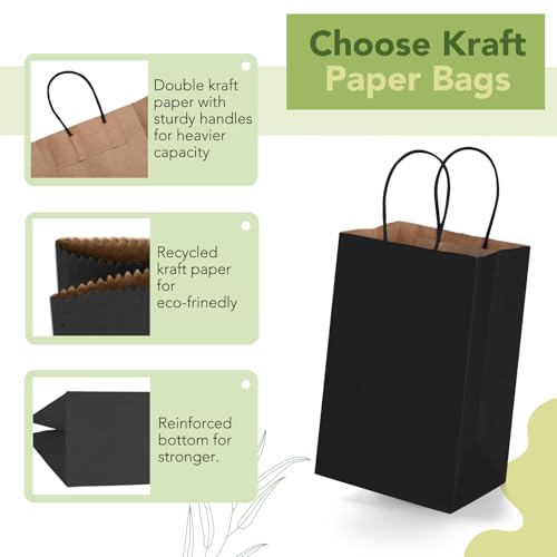 MESHA Black Gift Bags 5.25x3.75x8 Inch Small Kraft Paper Bags with Handles Bulk,100 Pack for Small Business,Wedding Party ...