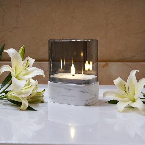 Fanna Rectangular Flameless LED Candle with Timer in Marble Texture, Battery Operated Glass Candle for Home Decor and Tabl...