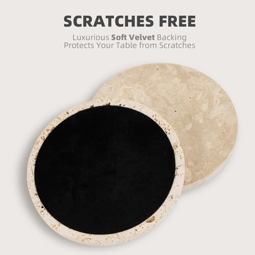 YONGHEE Italian Travertine Coasters Set of 5 with Holder, Round Beige Marble Drink Coasters for Coffee Table Decor Housewa...