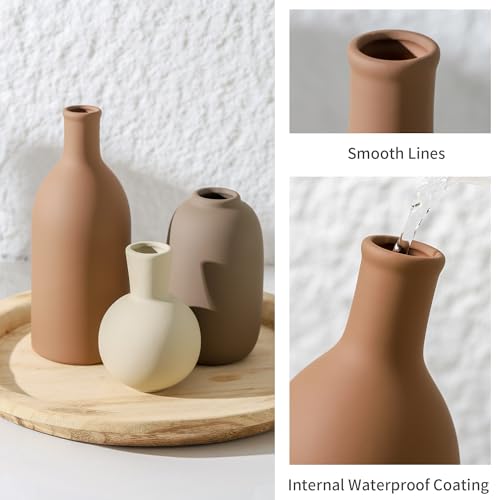 Ceramic Vases Set of 3, Modern Neutral Rustic Farmhouse Home Decor Pottery Pampas Decoration for Living Room, Table, Bathr...