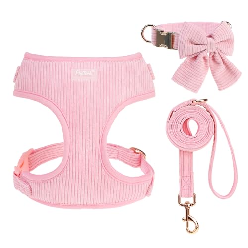 PUPTECK Dog Harness Collar and Leash Set, Adjustable No Pull Pet Vest Harness, Soft Mesh Corduroy with Cute Bow Tie, for S...