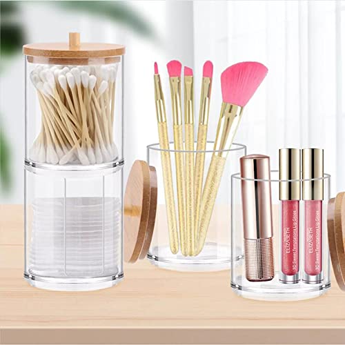 WJASI Qtip Holder Dispenser with Cotton Pads Jar Set Bamboo Lid Stackable Bathroom Counter Acrylic Organizer to Storage Co...