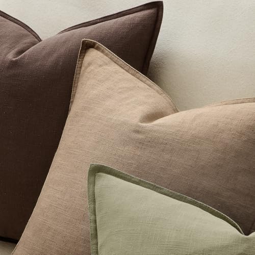 ANRODUO Pack of 2 Decorative Linen Pillow Covers Coco Brown Neutral Farmhouse Boho Soild Cushion Case Soft Accent Pillowca...
