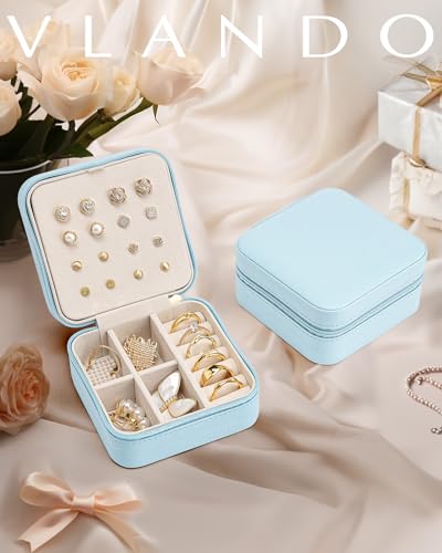 VLANDO Mothers Day Mom Gifts - Travel Jewelry Case, Small Travel Jewelry Organizer Box for Girls Women - Blue