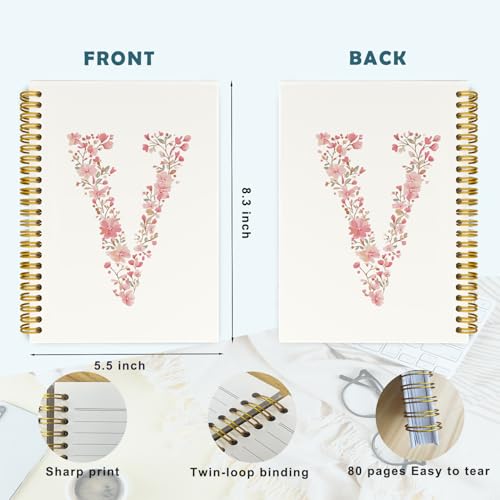 QROZIAR Pink Cute Spiral Notebook Journal, Preppy Floral Initial Letter V Personalized Journaling Notebooks, Monogrammed G...