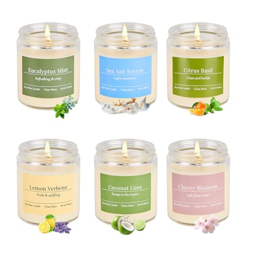 6 Pack Spring Summer Scented Candles Set for Women, Natural Non-Toxic Aromatherapy Candles with Lemon Verbena/Sea Salt Sce...