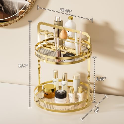 360° Rotating Makeup Organizer, 2-Tier Gold Perfume Organizer for Dresser, Bathroom Organizers Countertop, Perfume Shelf w...