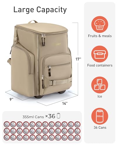 TOURIT Rolling Cooler Backpack: Leakproof Waterproof Insulated 36 Cans Beach Cooler with Wheels and Handle Outdoor Camping...