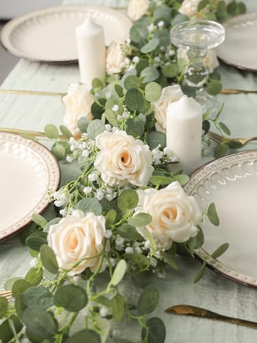 Anna's Whimsy 5.91FT Artificial Eucalyptus Greenery with Flowers, Fake Rose Gypsophila for Wedding Spring Home Party Decor