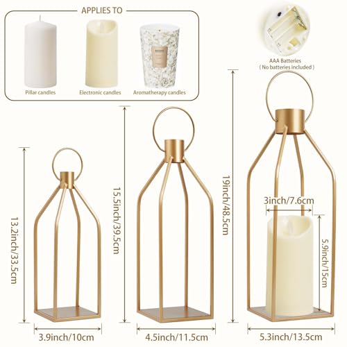 Kehail Elegant Gold Decorative Lanterns Set of 3-19/16/13 Inch Metal Indoor Lanterns Decorative with Flickering LED Candle...