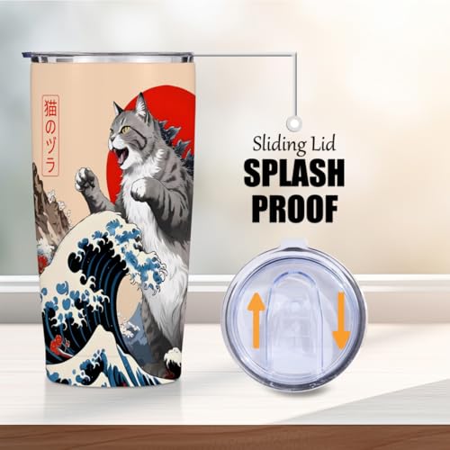 Cat Gifts for Women 20 oz Tumbler, Funny Japanese Cats Stainless Steel Insulated Water Bottle, Cats Themed Insulated Trave...